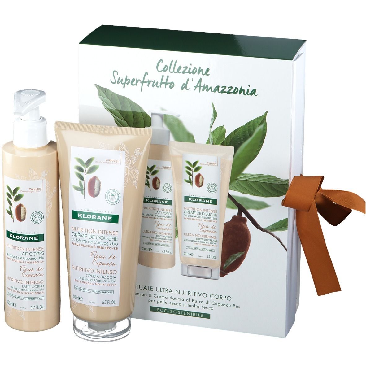 Geschenkset mit drei Produkten. Aufschrift: 'Collezione Superfrutto d'Amazzonia'. Produkte von KLORANE.