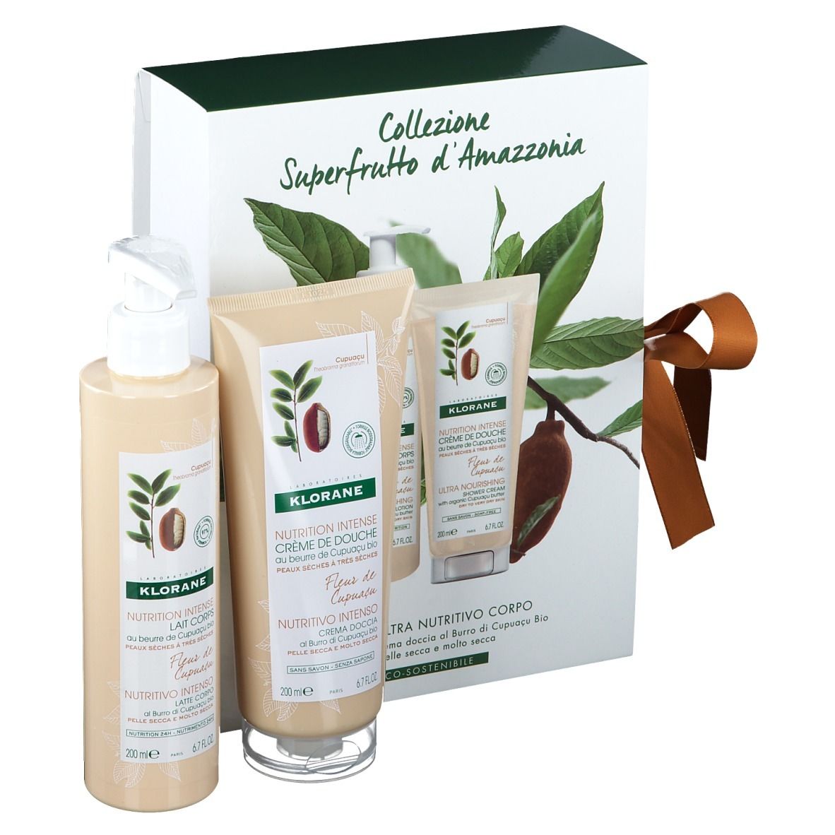 Geschenkset mit drei Produkten. Aufschrift: 'Collezione Superfrutto d'Amazzonia'. Produkte von KLORANE.
