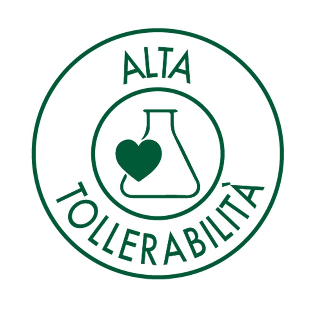 Runder Aufkleber mit grünem Rand. Text: 'ALTA TOLLERABILITÀ'. Herz-Symbol.