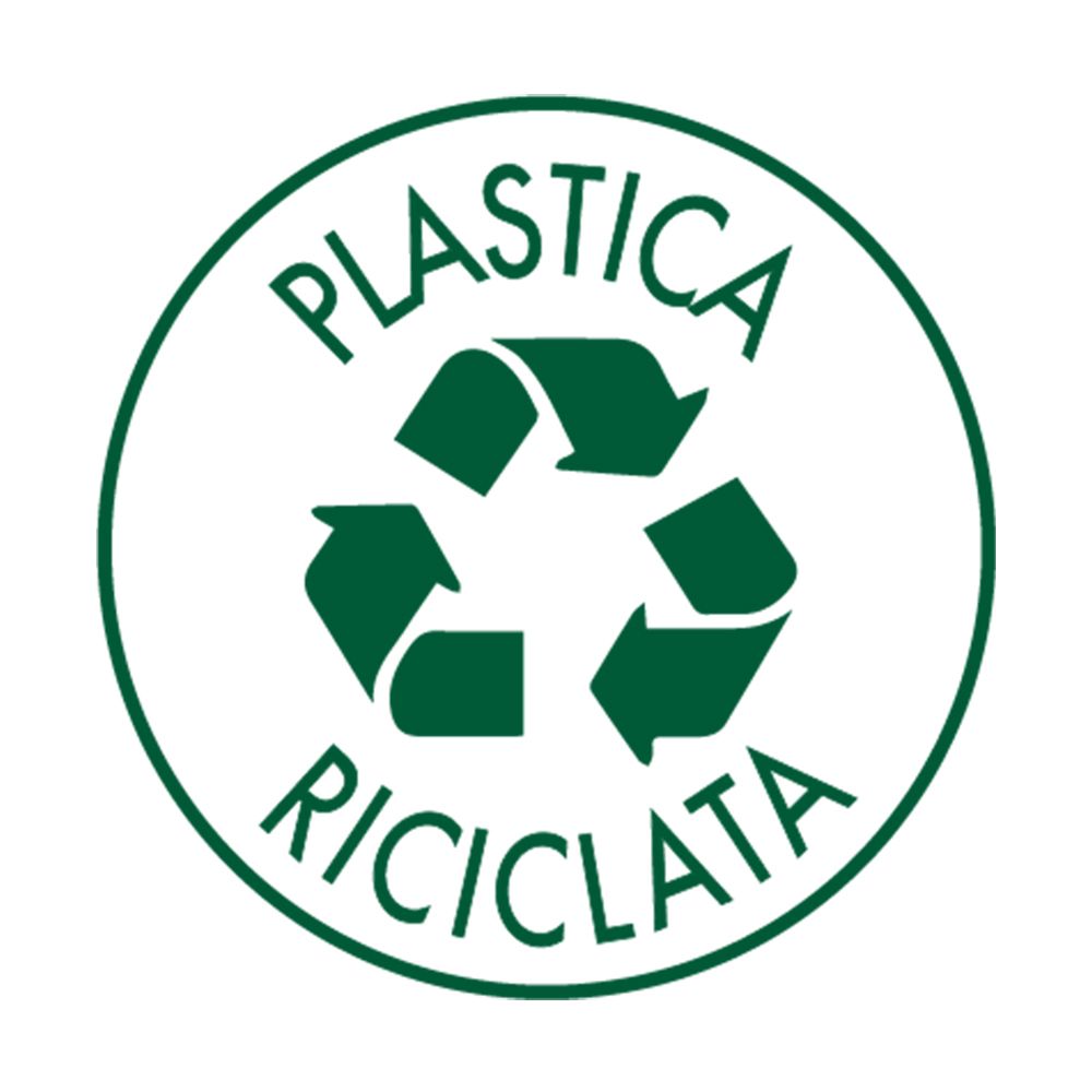 Runder Aufkleber mit grünem Rand. Text: 'PLASTICA RICICLATA'. Recycling-Symbol.