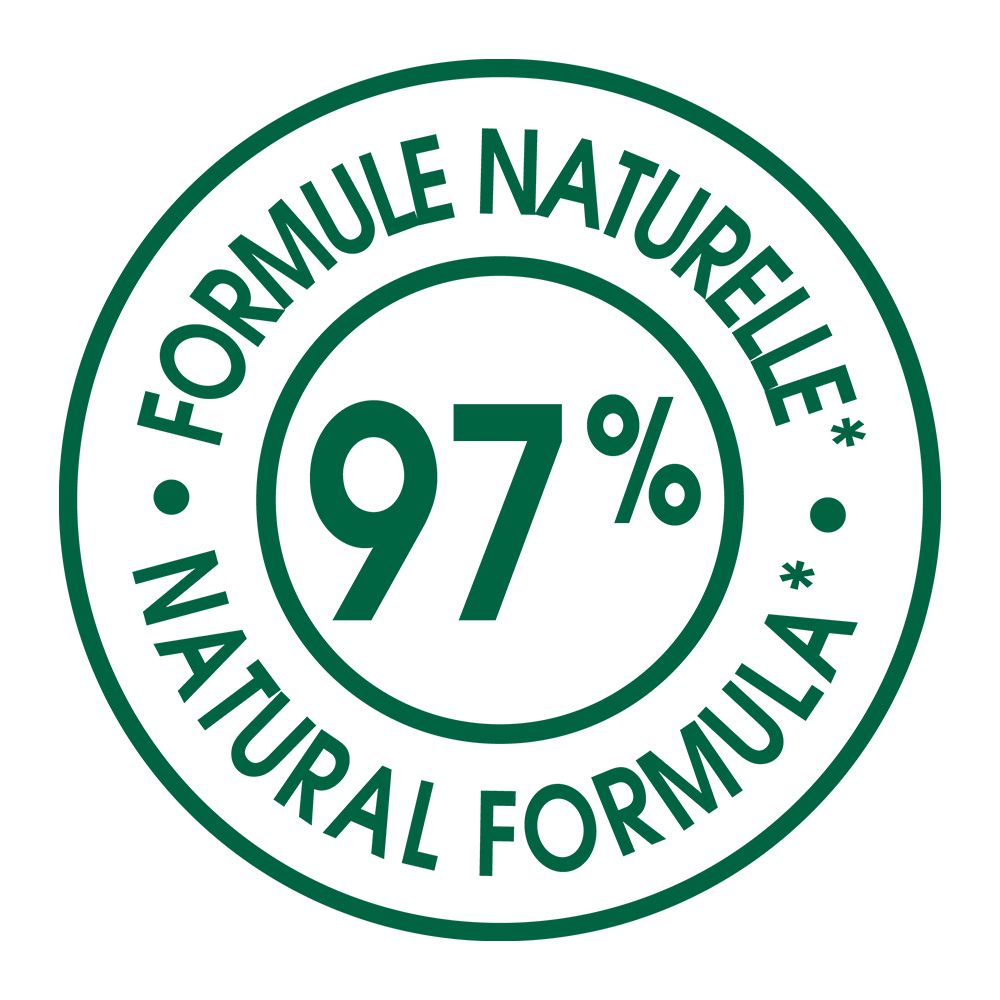 Runder Aufkleber mit grünem Rand. Text: 'FORMULE NATURELLE 97%'.