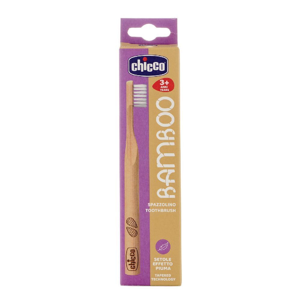 Spazzolino in confezione. Marca Chicco, spazzolino in bambù. Per bambini dai 3 anni. Informazioni sul prodotto sulla confezione.