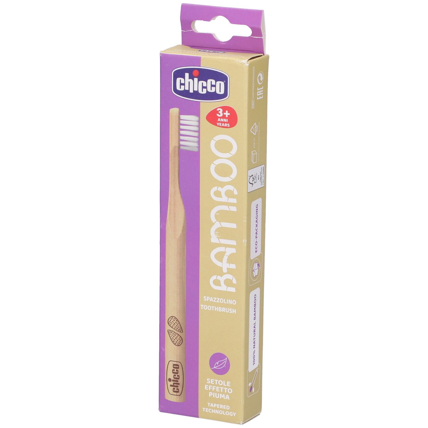 Confezione con spazzolino in bambù. Marca Chicco. Per bambini dai 3 anni. Scritta 'BAMBOO'. Imballaggio ecologico.