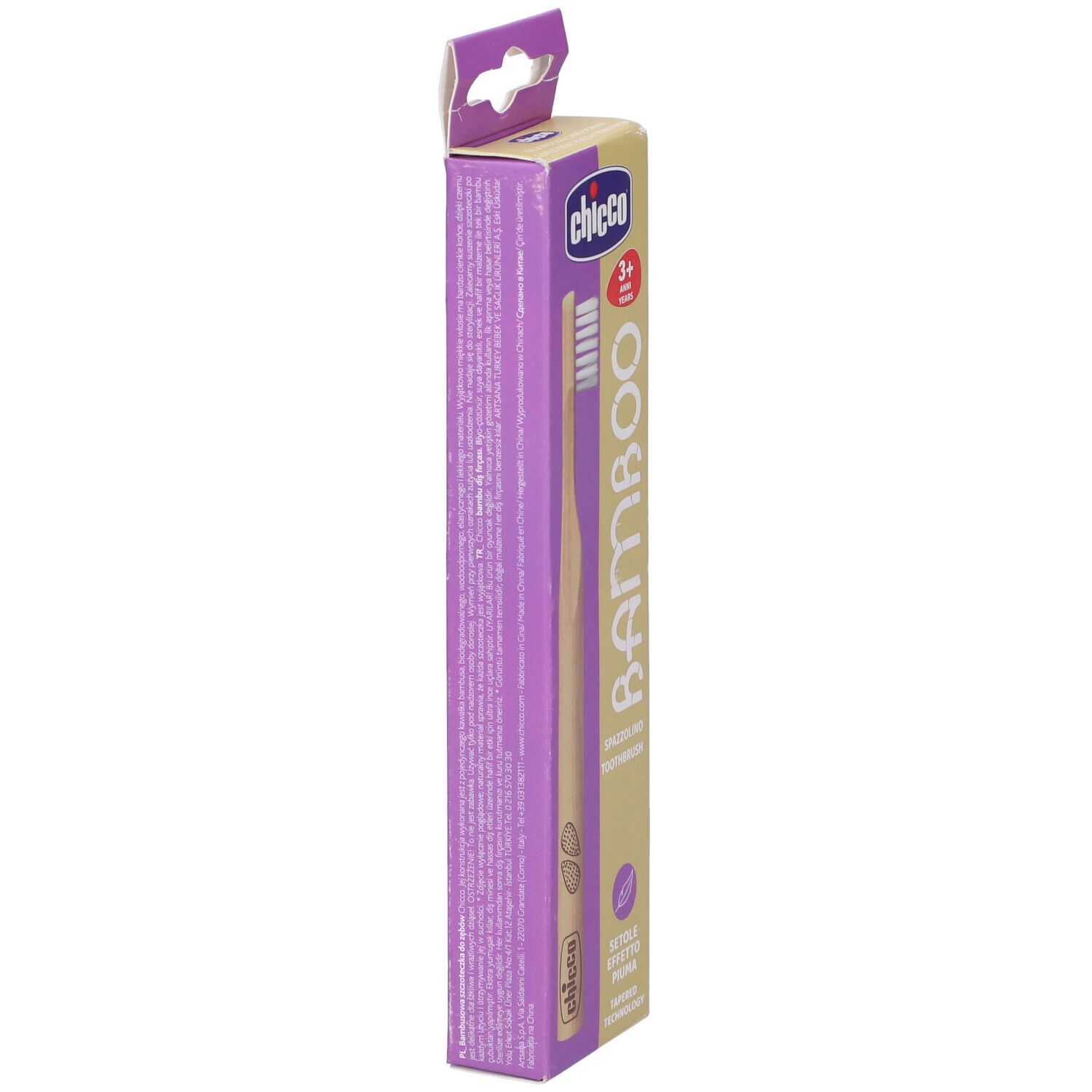 Confezione dello spazzolino in bambù. Marca Chicco. Testo sulla confezione. Imballaggio ecologico. Ingredienti 100% naturali.