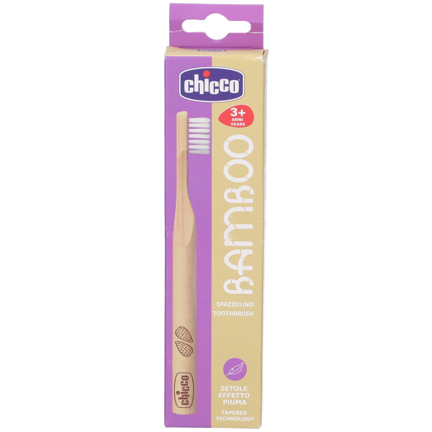 Spazzolino in confezione. Marca Chicco, spazzolino in bambù. Per bambini dai 3 anni. Informazioni sul prodotto sulla confezione.