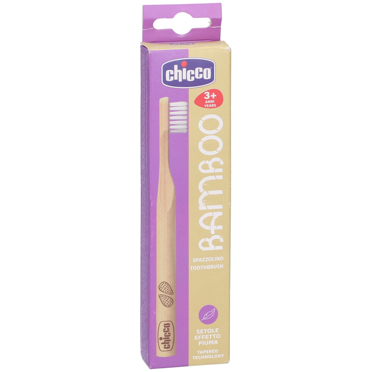 Spazzolino in confezione. Marca Chicco, spazzolino in bambù. Per bambini dai 3 anni. Informazioni sul prodotto sulla confezione.