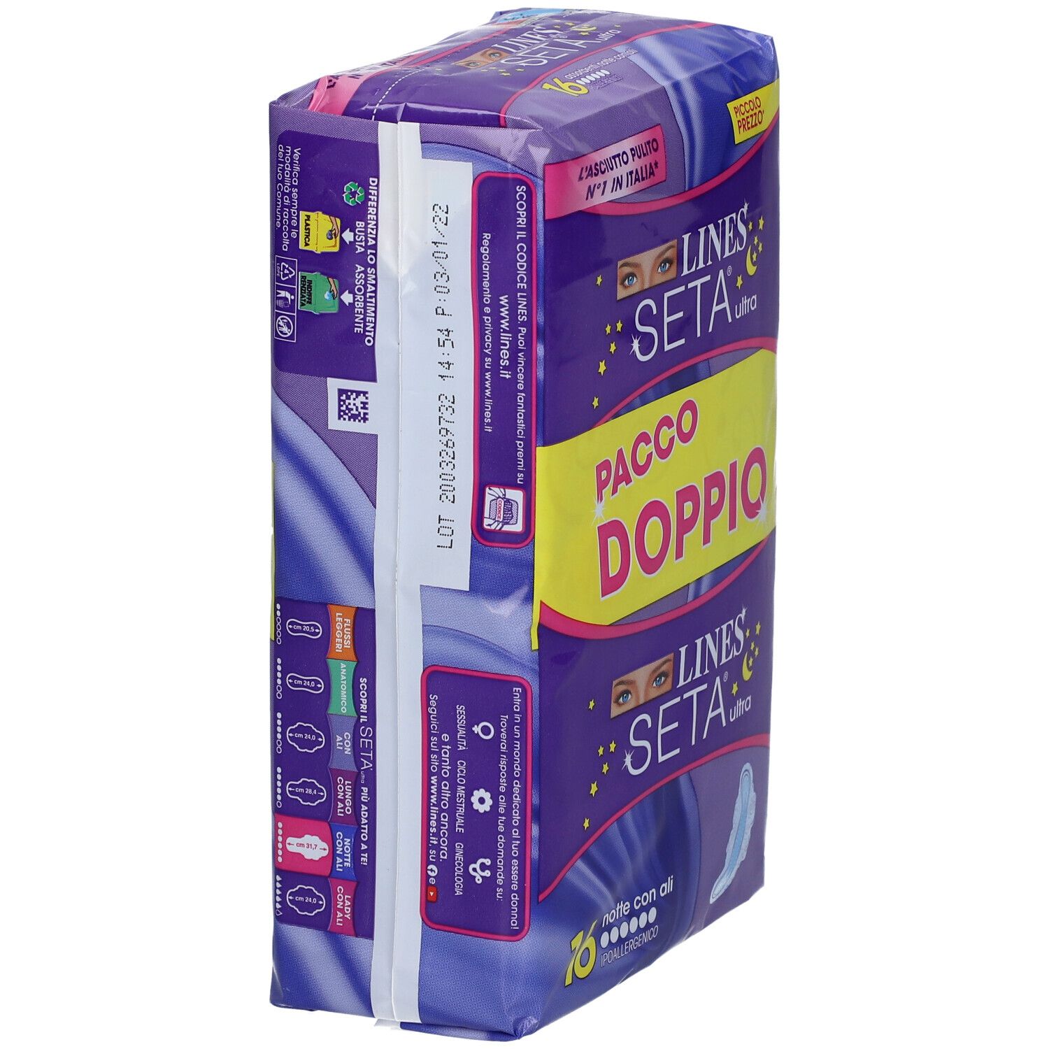 Verpackung von LINES Seta Ultra Notte con Ali. Doppelpackung. Seitenansicht. 16 Stück. Lila Verpackung.