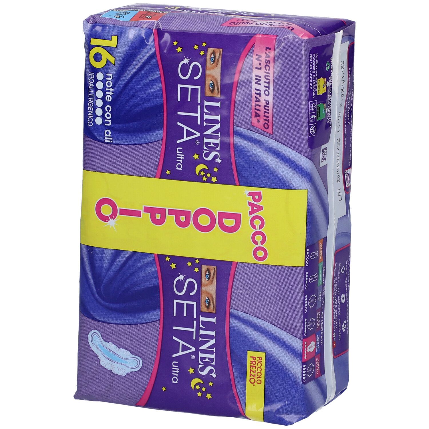 Verpackung von LINES Seta Ultra Notte con Ali. Doppelpackung. 16 Stück. Lila und gelbe Verpackung.