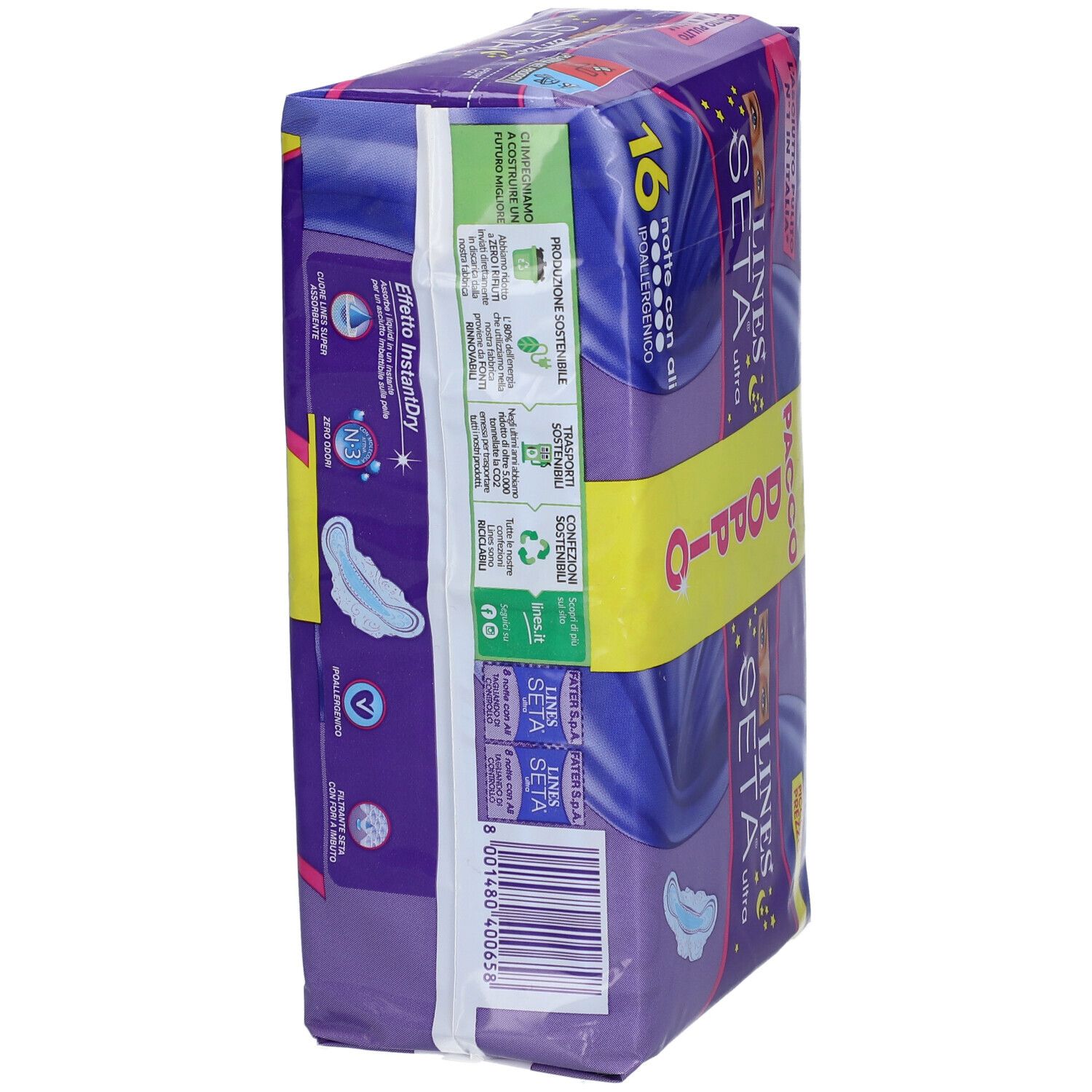 Verpackung von LINES Seta Ultra Notte con Ali. Doppelpackung. Seitenansicht. 16 Stück. Lila Verpackung.