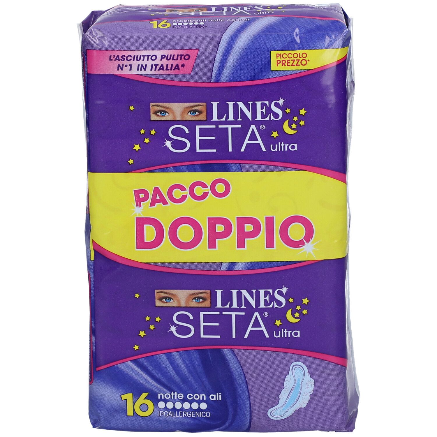 Verpackung von LINES Seta Ultra Notte con Ali. Doppelpackung. 16 Stück. Lila und gelbe Verpackung.