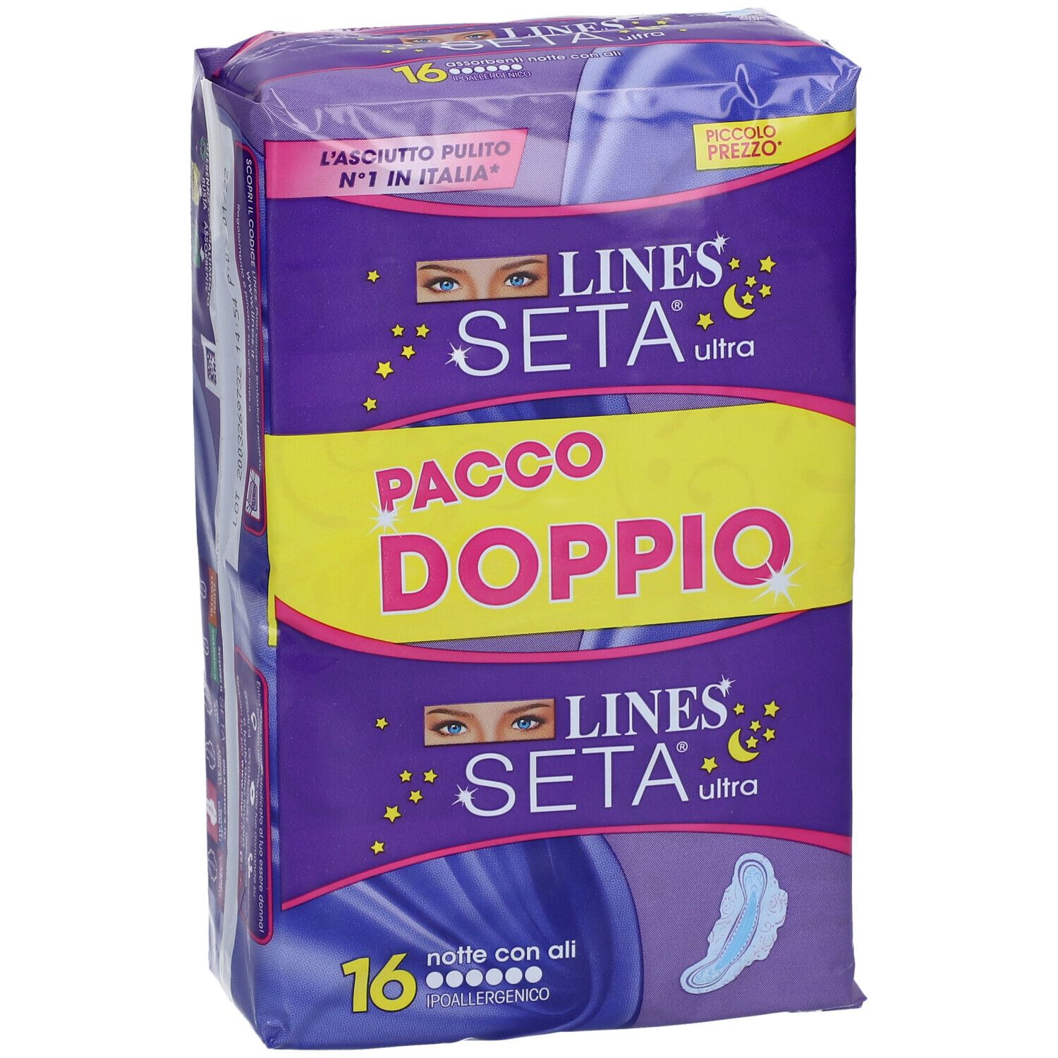 Verpackung von LINES Seta Ultra Notte con Ali. Doppelpackung. 16 Stück. Lila und gelbe Verpackung.
