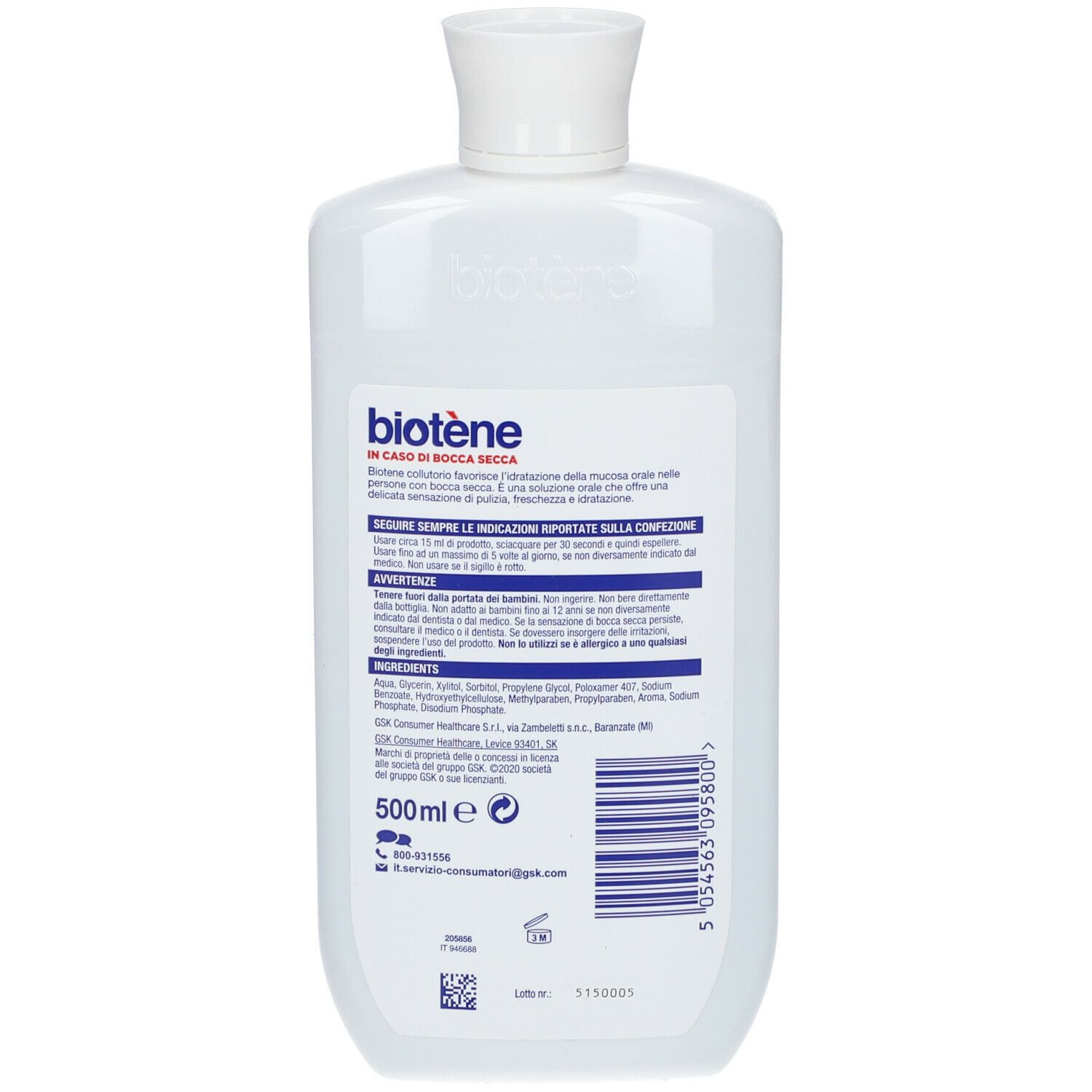 Retro del flacone di collutorio Biotène. Flacone bianco con testo. Testo: In caso di bocca secca, 500ml, ingredienti, avvertenze.