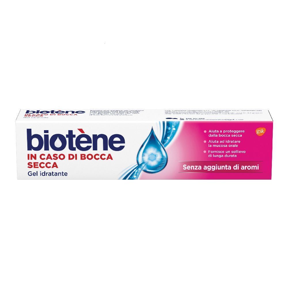Emballage de gel Biotène®. Boîte blanche avec logo goutte bleue. Texte : IN CASO DI BOCCA SECCA, Gel idratante.