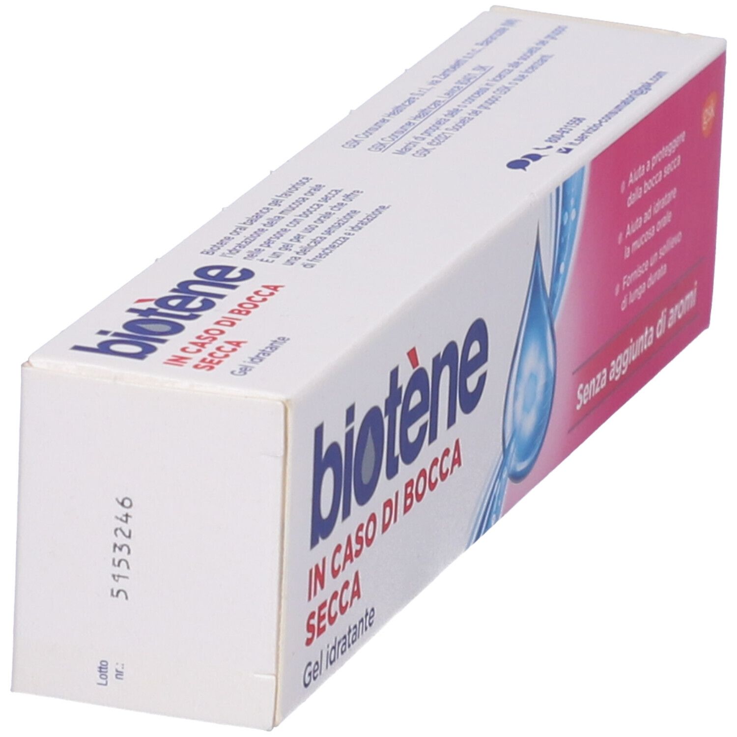Emballage de gel Biotène®. Vue oblique. Boîte blanche avec logo goutte bleue. Texte : IN CASO DI BOCCA SECCA, Gel idratante.
