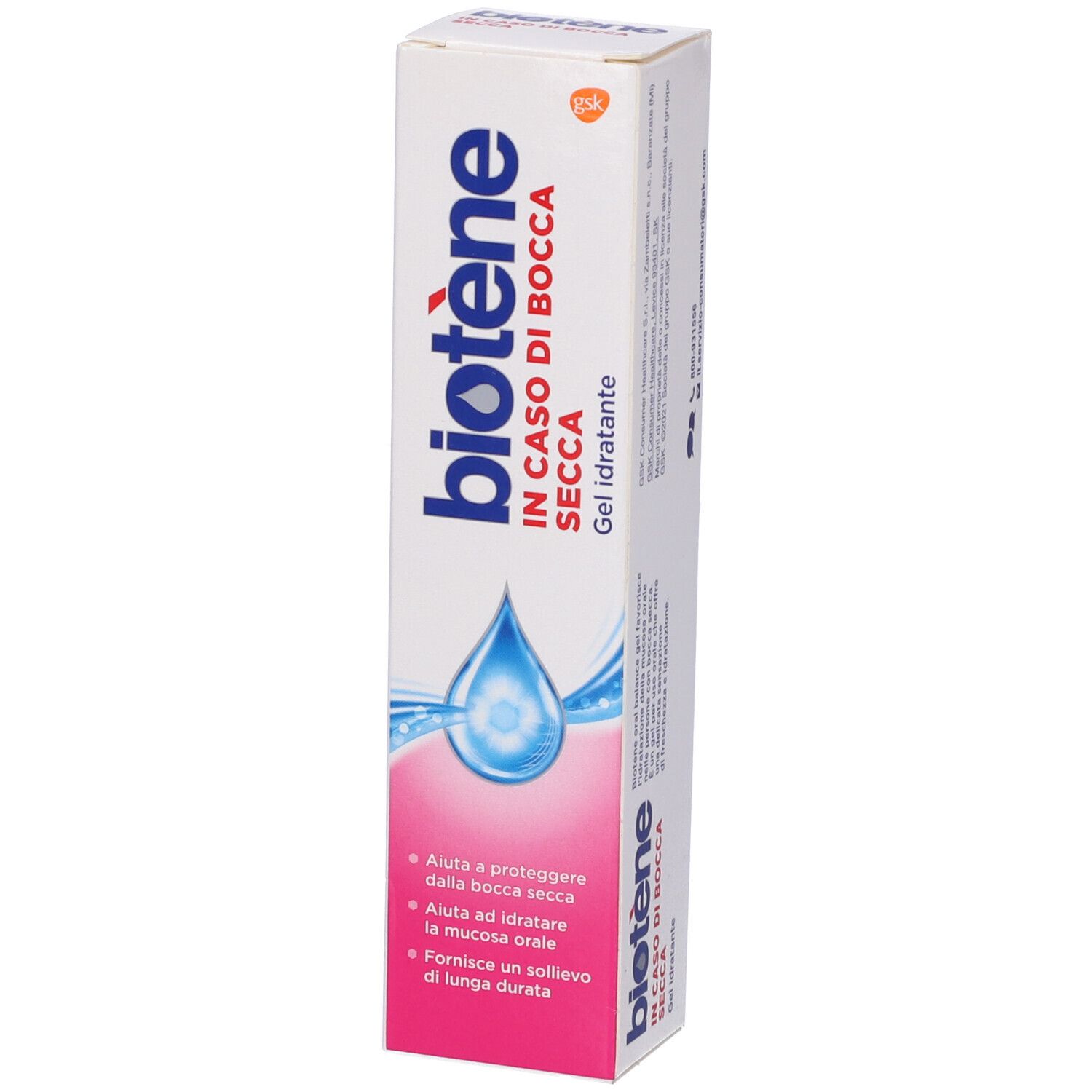 Emballage de gel Biotène®. Boîte blanche avec logo goutte bleue. Texte : IN CASO DI BOCCA SECCA, Gel idratante.