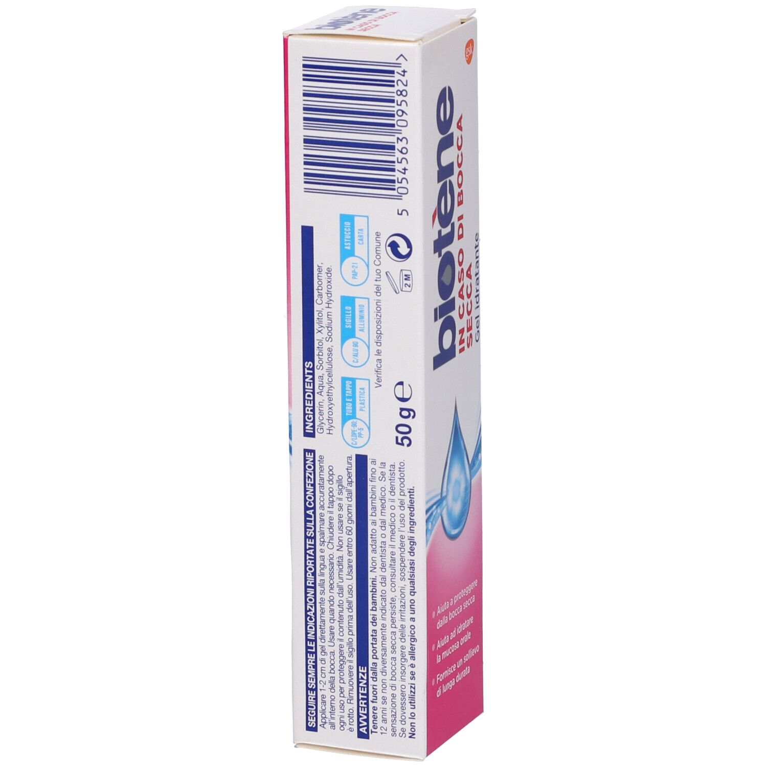 Emballage de gel Biotène®. Dos. Texte : Ingrédients, 50g, avertissements. Logo et texte : IN CASO DI BOCCA SECCA.
