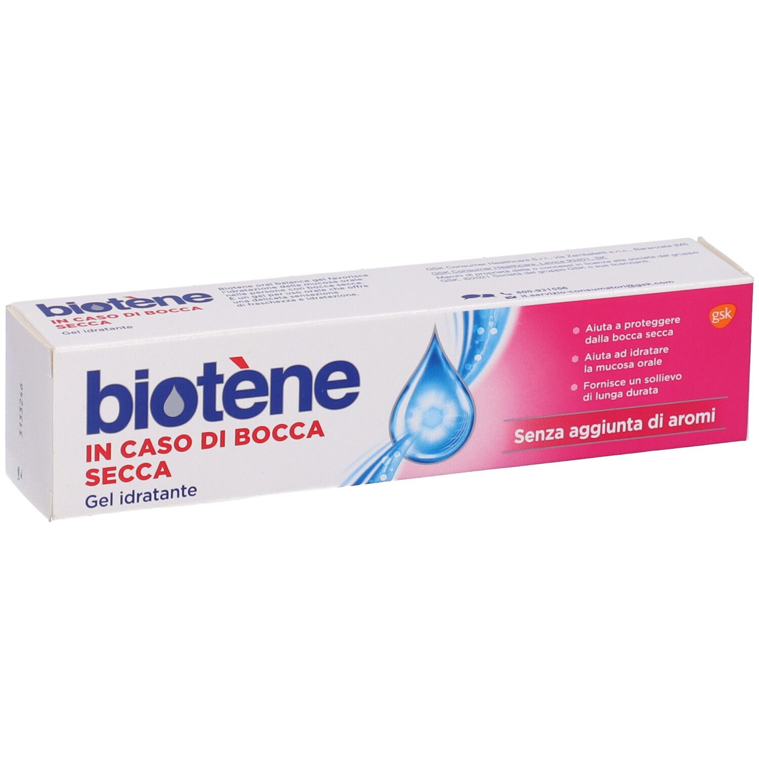 Emballage de gel Biotène®. Boîte blanche avec logo goutte bleue. Texte : IN CASO DI BOCCA SECCA, Gel idratante.