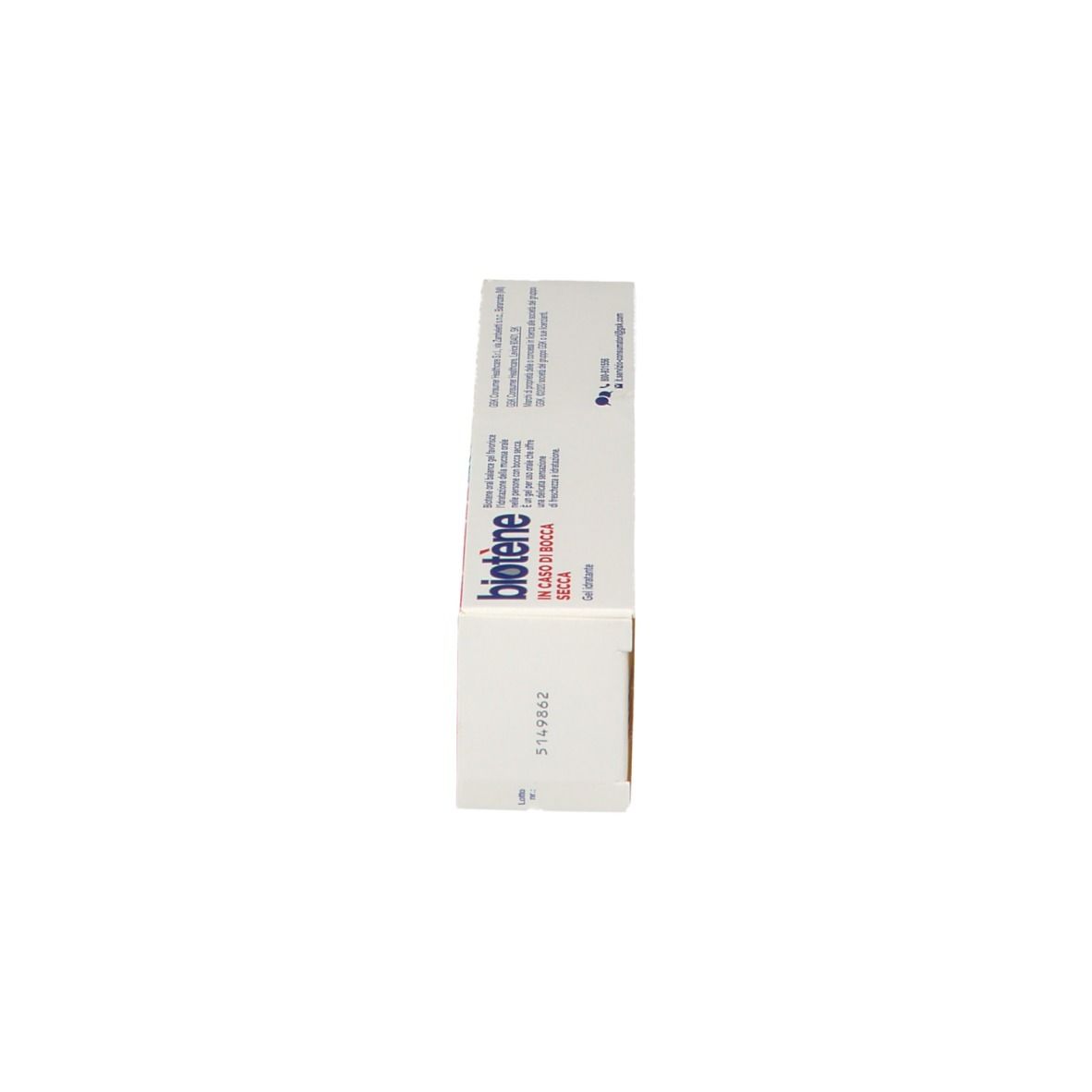 Emballage de gel Biotène®. Vue latérale. Boîte blanche. Texte : IN CASO DI BOCCA SECCA, Gel idratante.