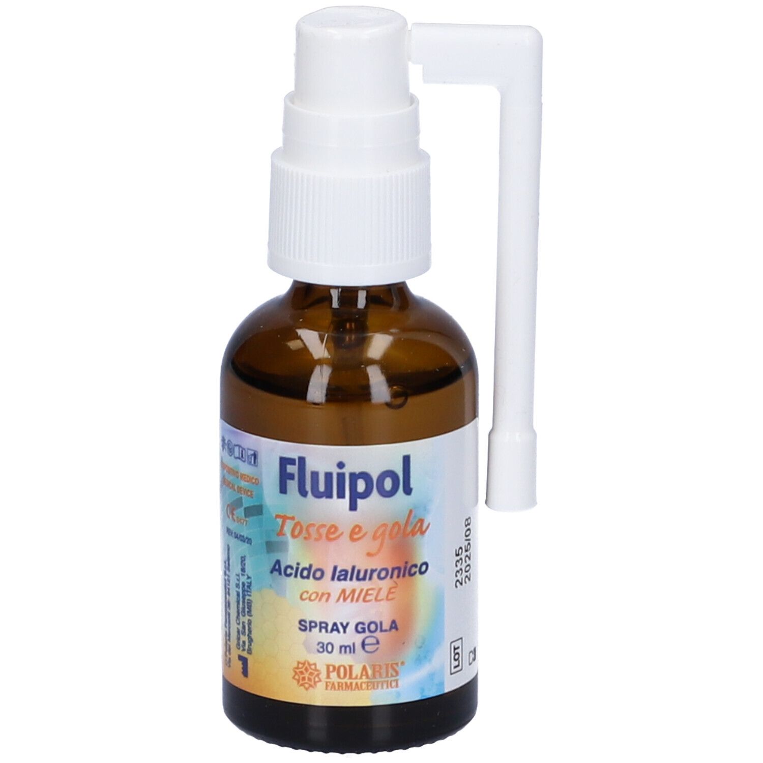 Flacone in vetro marrone con nebulizzatore bianco e applicatore separato. Nome e informazioni sul prodotto sull'etichetta.