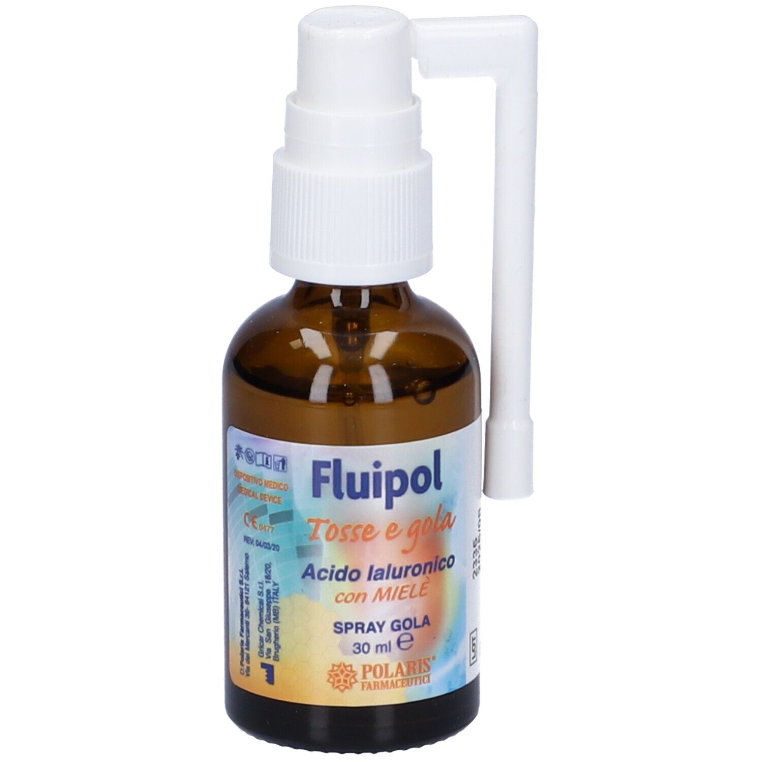 Flacone in vetro marrone con nebulizzatore bianco. Nome e informazioni sul prodotto sull'etichetta.