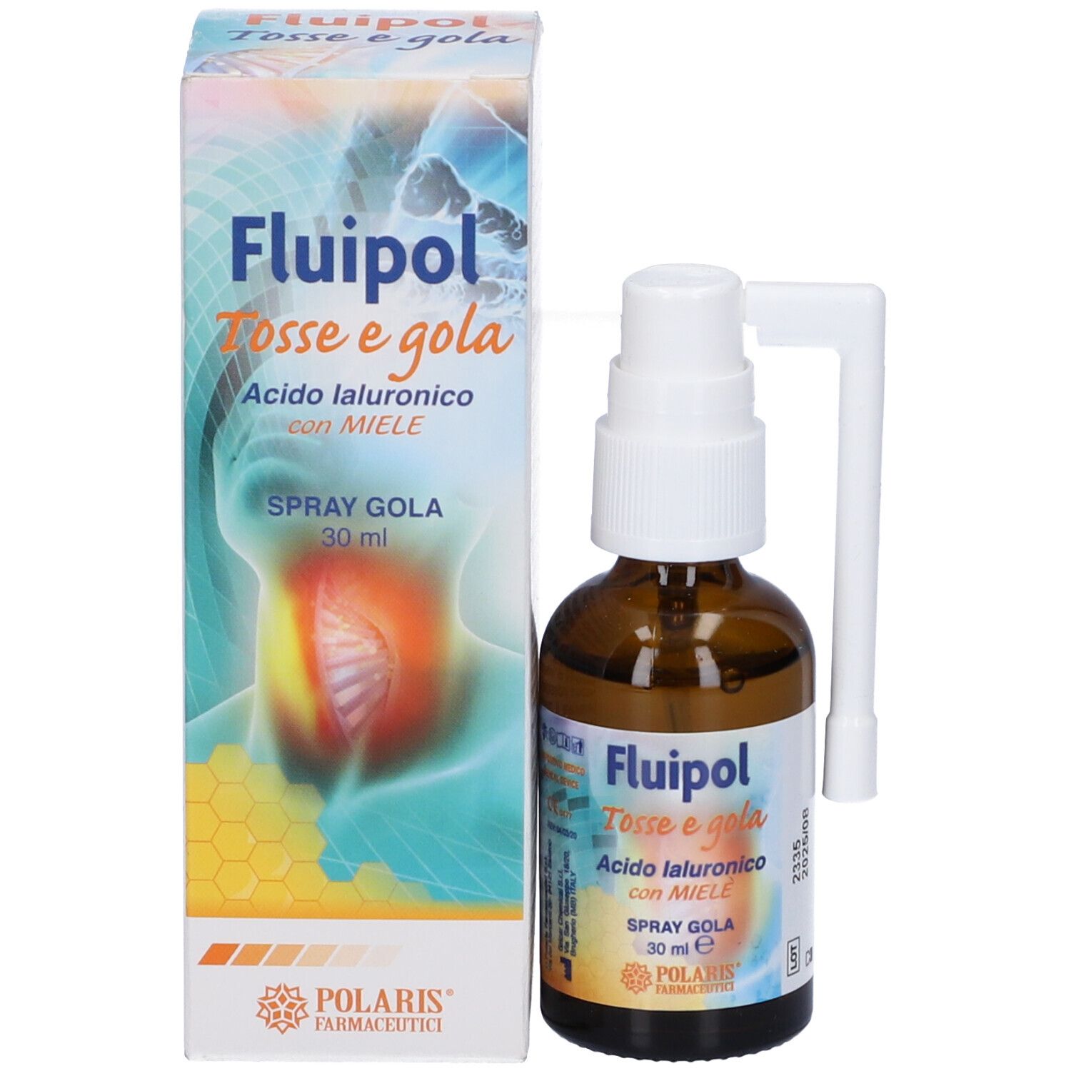 Flacone in vetro marrone con nebulizzatore bianco e applicatore separato. Scatola con nome e informazioni sul prodotto.