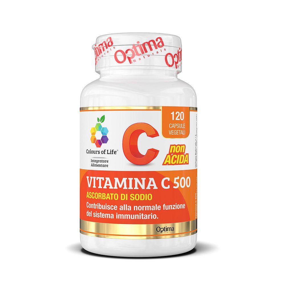 Flasche mit 120 vegetarischen Kapseln Vitamin C 500, non acida, Ascorbat von Natrium.