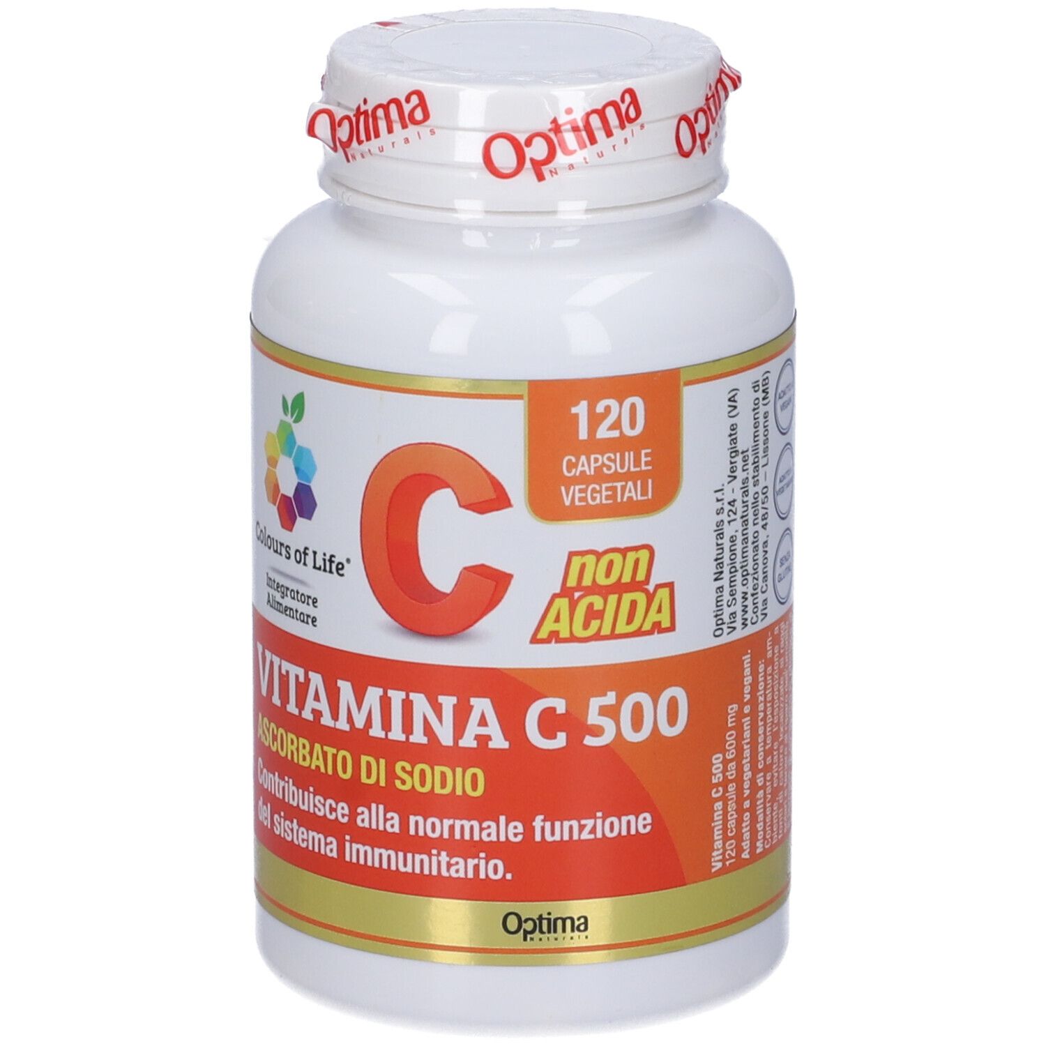 Weißes Fläschchen mit Kapseln. Aufschrift: Colours of Life, Vitamin C 500, 120 Kapseln. Optima-Logo auf dem Deckel.