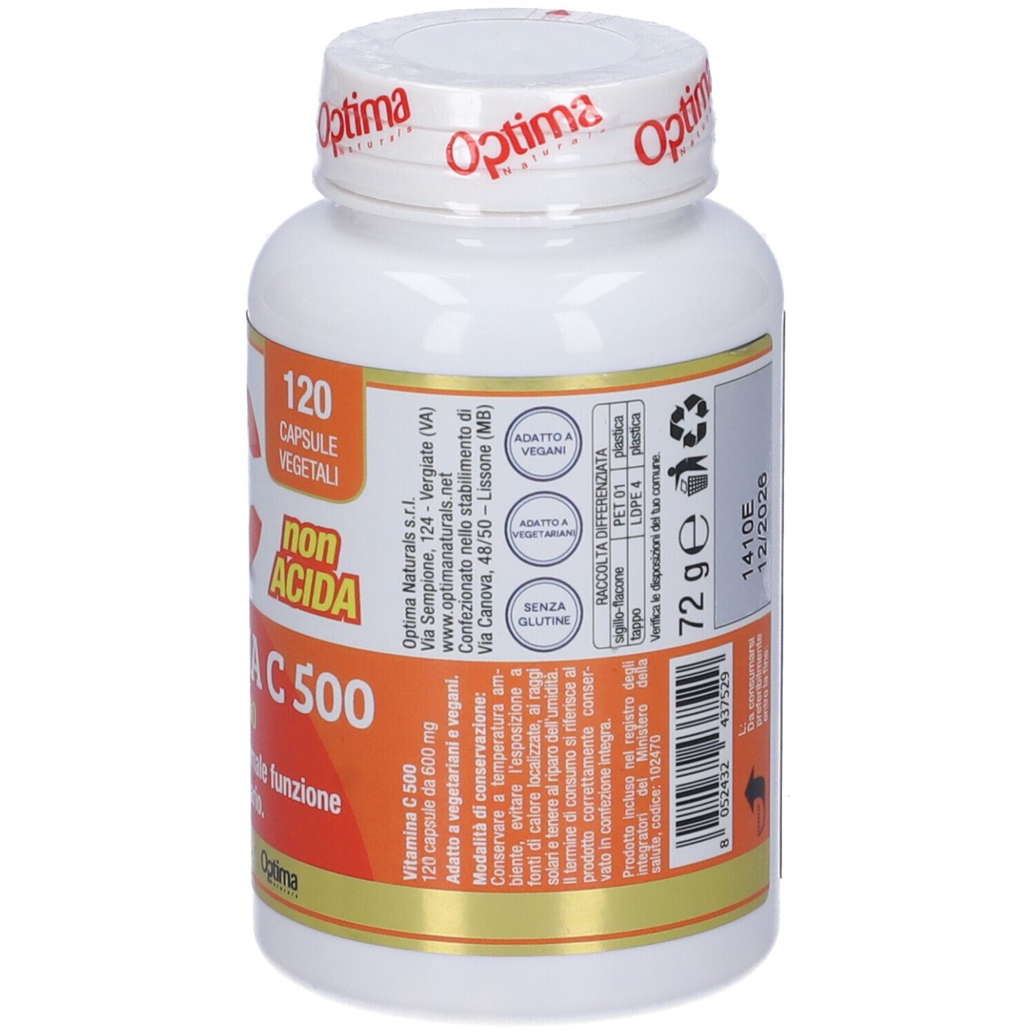 Rückseite des Fläschchens mit Kapseln. Aufschrift: Vitamin C 500, 120 Kapseln. Text mit Inhaltsstoffen und Logos.