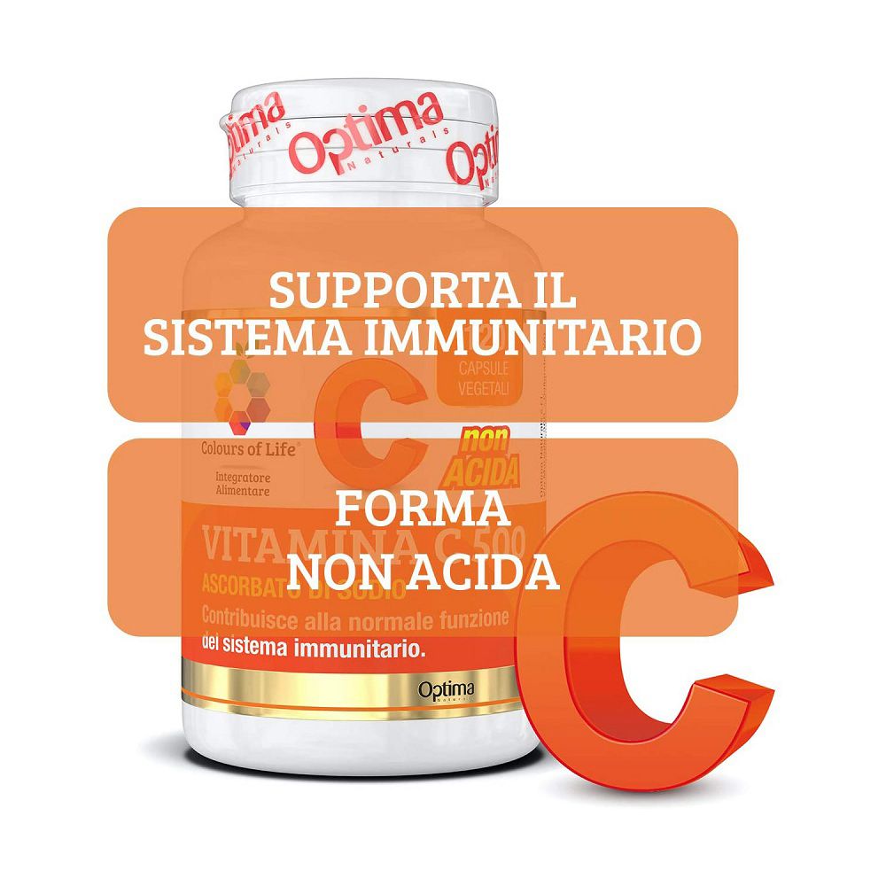 Flasche Vitamin C 500, non acida, unterstützt das Immunsystem. 120 vegetarische Kapseln.