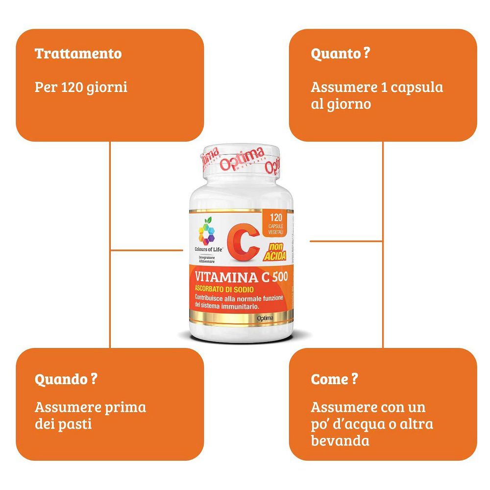Flasche Vitamin C 500, 120 Kapseln. Behandlung: 120 Tage, 1 Kapsel/Tag, vor den Mahlzeiten.