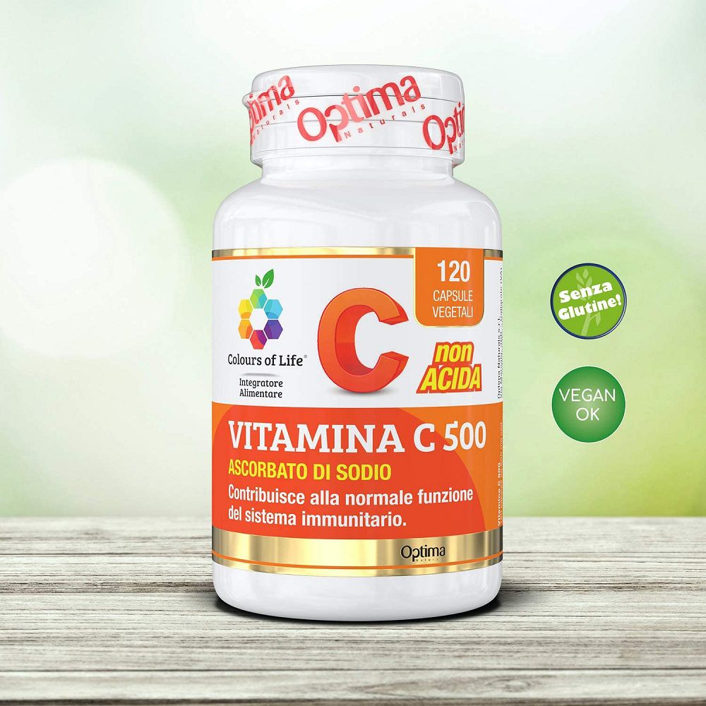 Flasche Vitamin C 500, non acida. Glutenfrei, vegan. 120 vegetarische Kapseln.
