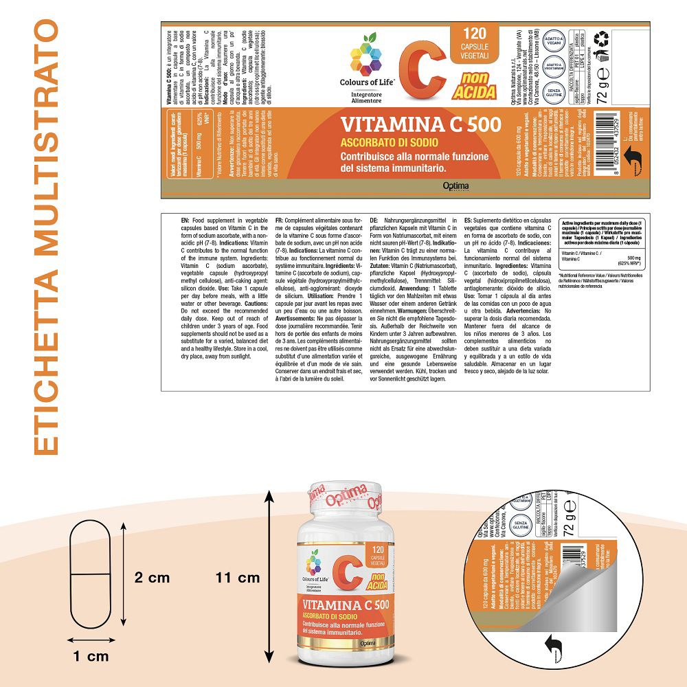 Etikett mit Details zu Vitamin C 500, 120 Kapseln. Maße: 11 cm hoch, 2 cm x 1 cm Kapsel.