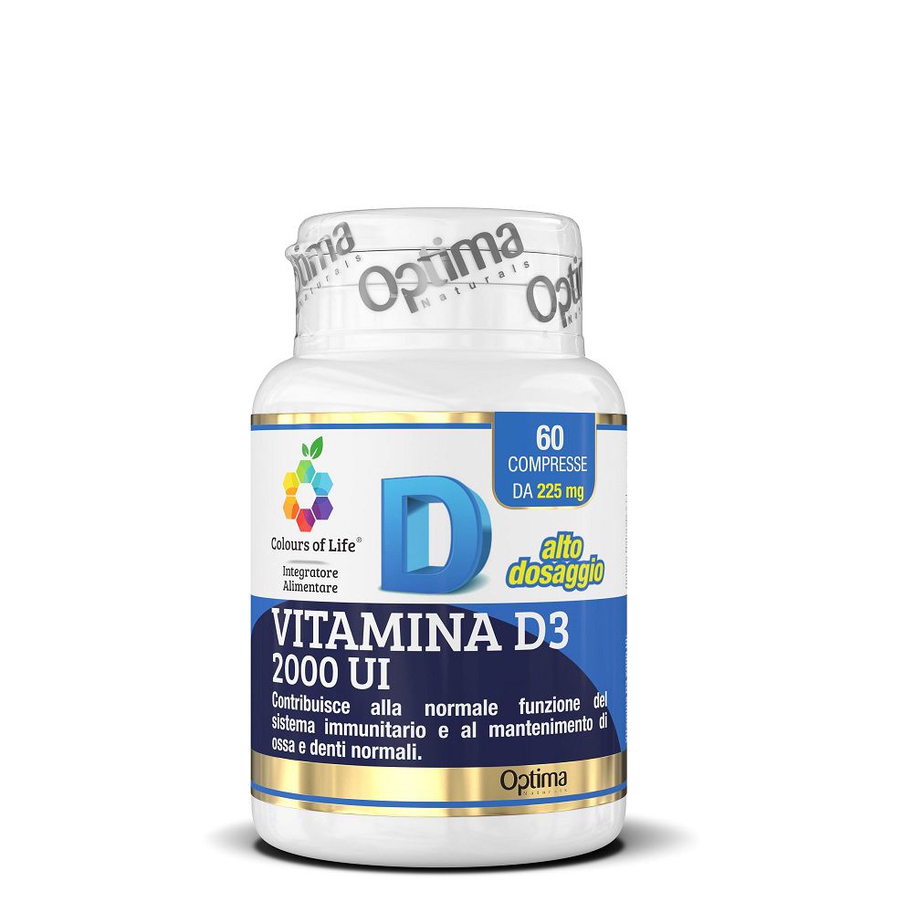 Flasche Vitamin D3 2000 IE, 60 Tabletten. "Colours of Life" und "Optima" Marken.