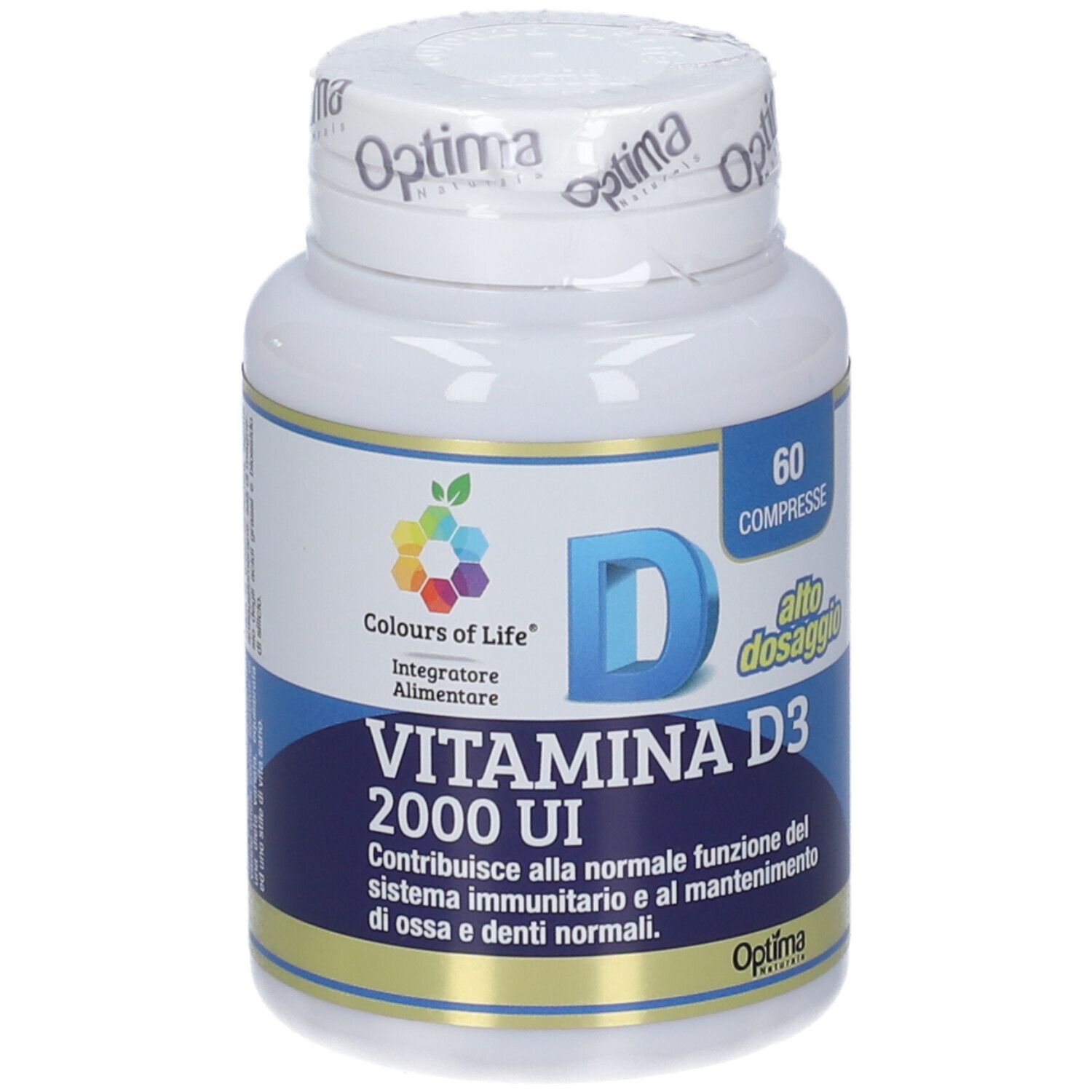 Weiße Flasche mit Optima-Logo und Aufschrift Vitamin D3 2000 UI. 60 Tabletten. Farbenfrohes Logo.