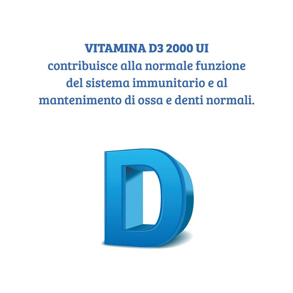 Großbuchstabe "D" und Text über die Funktion von Vitamin D3 für Immunsystem und Knochen.