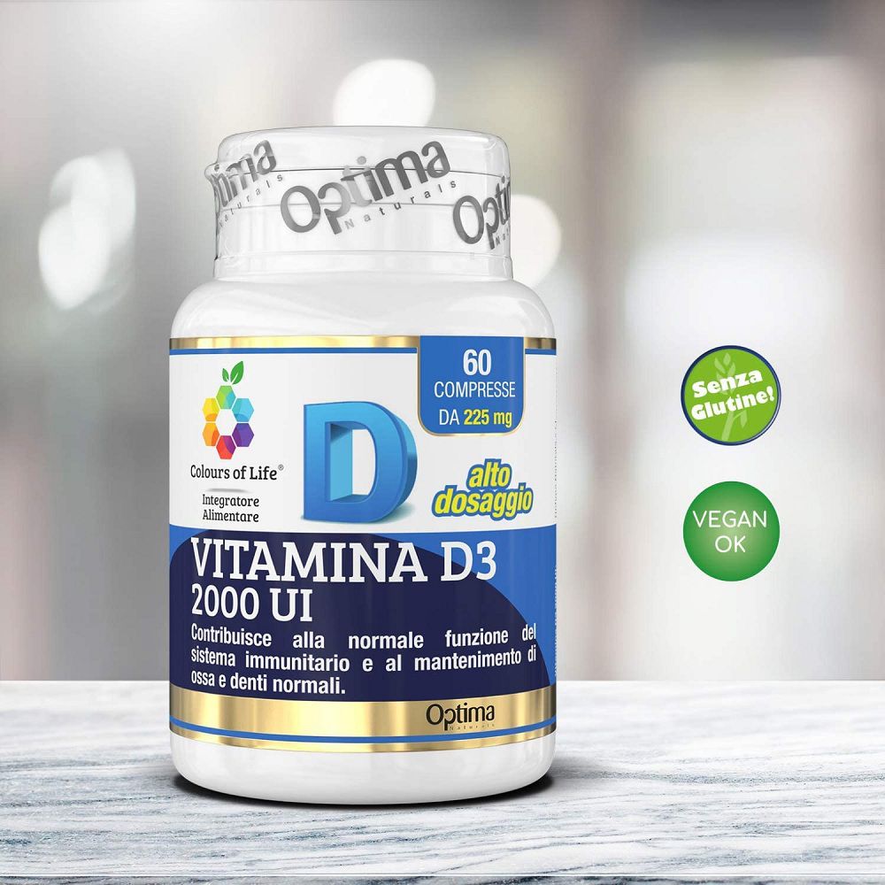 Flasche Vitamin D3 2000 IE, "Glutenfrei" und "Vegan OK" Siegel.