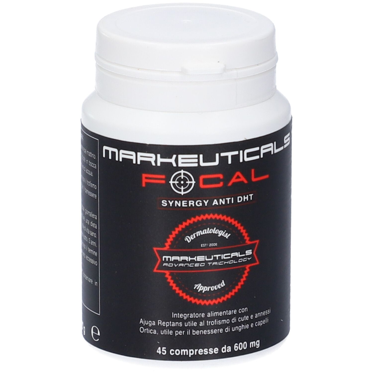 Flacone bianco con etichetta nera. Markeuticals Focal Anti DHT. 45 compresse da 600 mg. Dermatologist Approved.