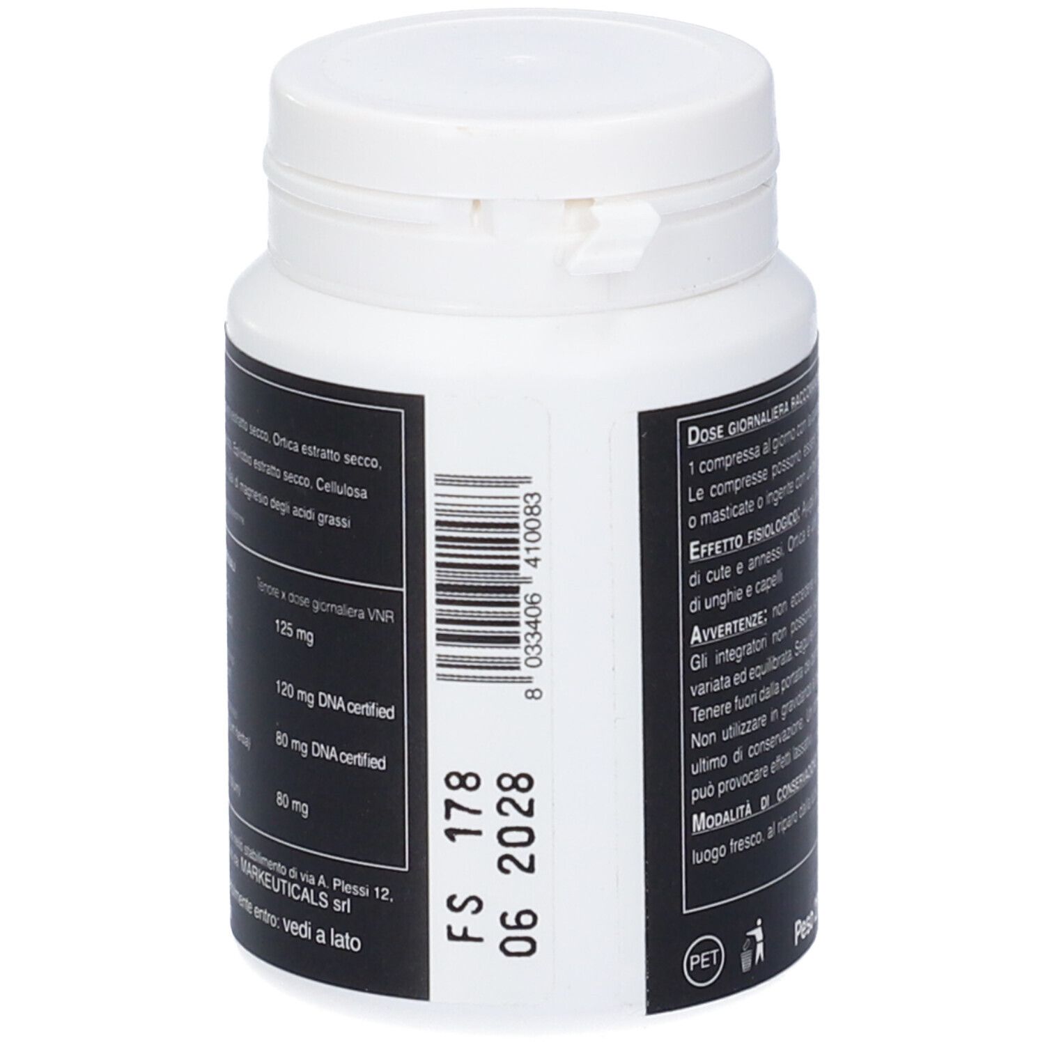 Flacone bianco con etichetta nera. Ingredienti e informazioni nutrizionali. Scadenza: 06 2028.