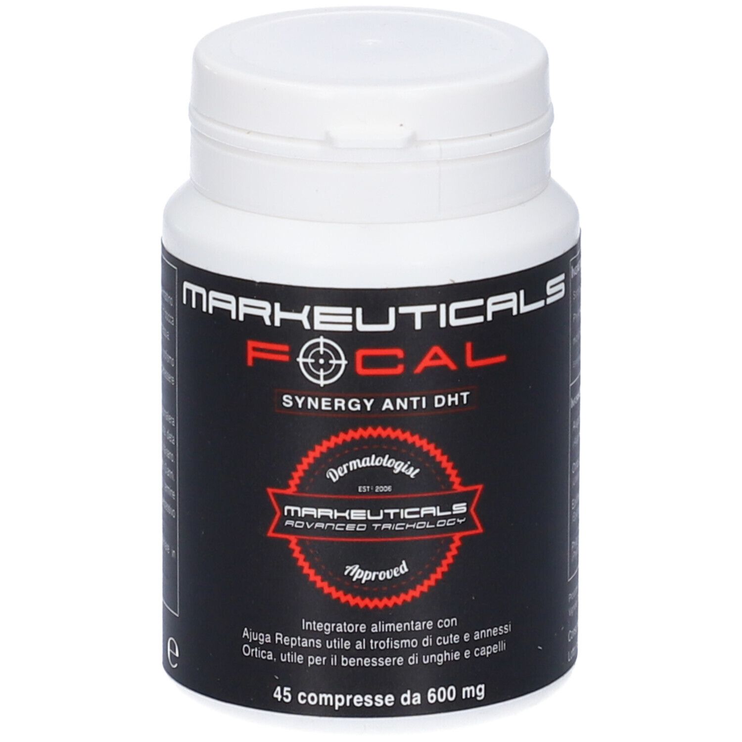 Flacone bianco con etichetta nera. Markeuticals Focal Anti DHT. 45 compresse da 600 mg. Dermatologist Approved.