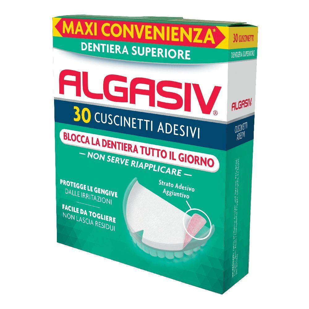 Confezione ALGASIV®. 30 cuscinetti adesivi per dentiera superiore. Design verde e bianco con illustrazione.