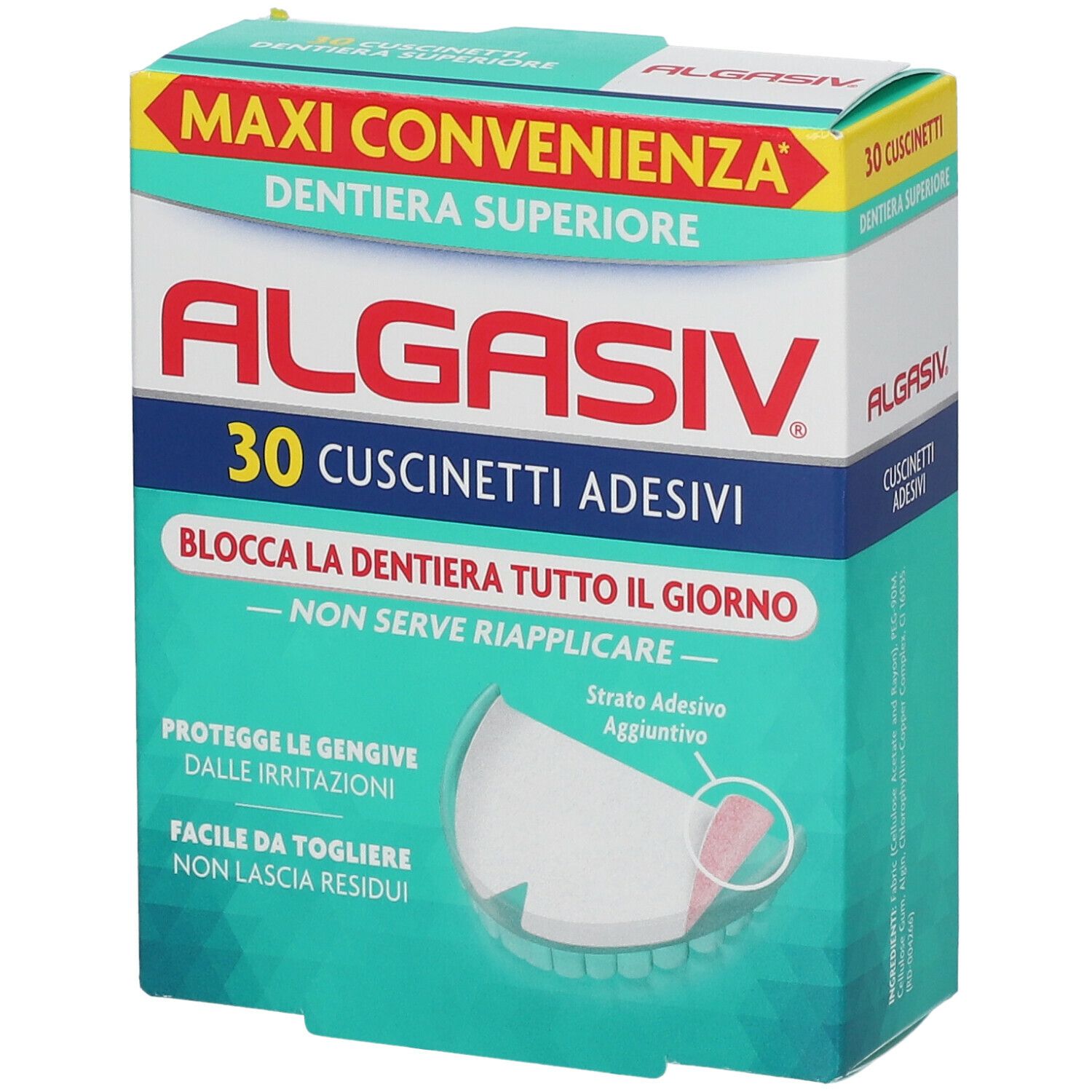 Confezione ALGASIV®. 30 cuscinetti adesivi per dentiera superiore. Design verde e bianco con illustrazione.