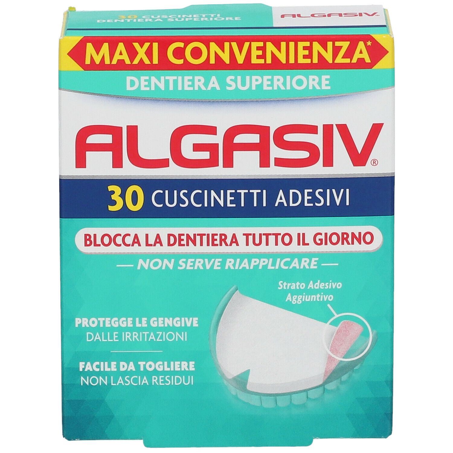 Confezione ALGASIV®. 30 cuscinetti adesivi per dentiera superiore. Design verde e bianco con illustrazione.