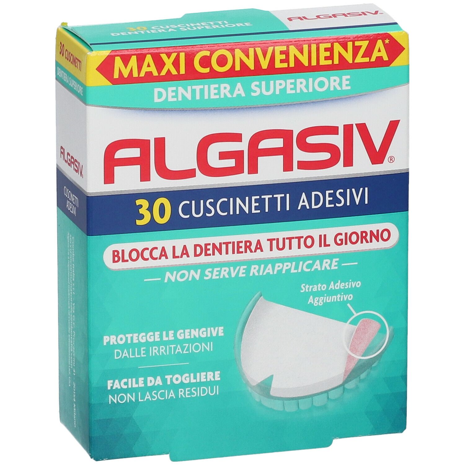 Confezione ALGASIV®. 30 cuscinetti adesivi per dentiera superiore. Design verde e bianco con illustrazione.