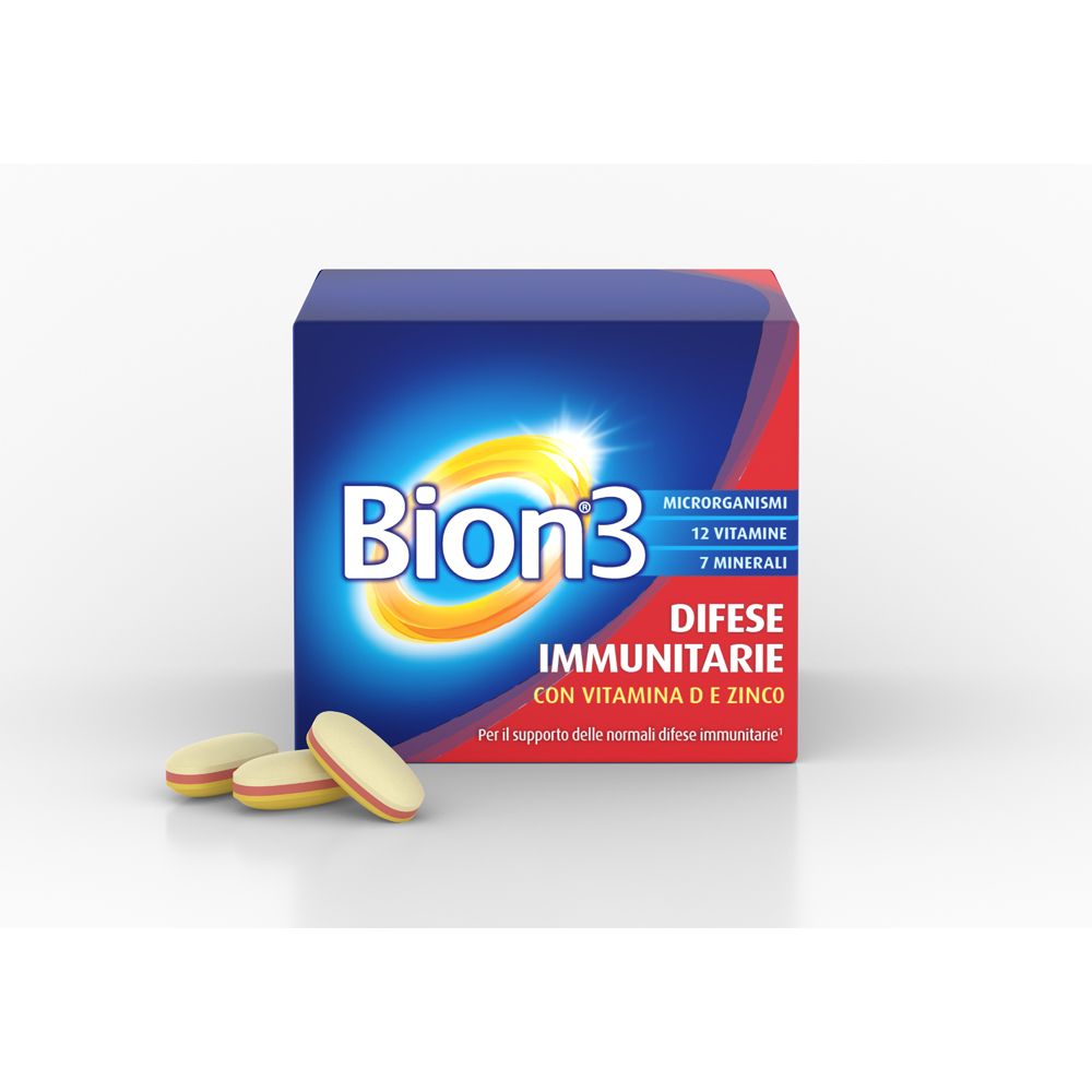 Scatola blu e rossa con logo Bion3 e compresse. Testo: Difese Immunitarie, 12 vitamine, 7 minerali.