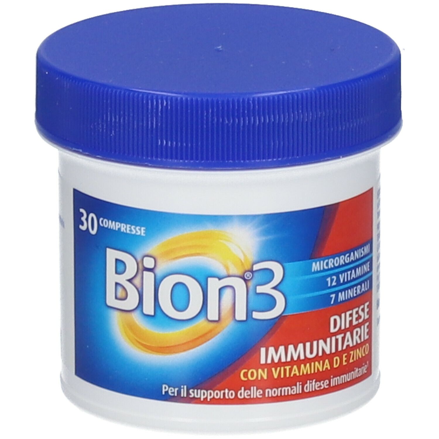 Contenitore bianco con coperchio blu. Testo: Bion3, 30 compresse, Difese Immunitarie, 12 vitamine, 7 minerali.