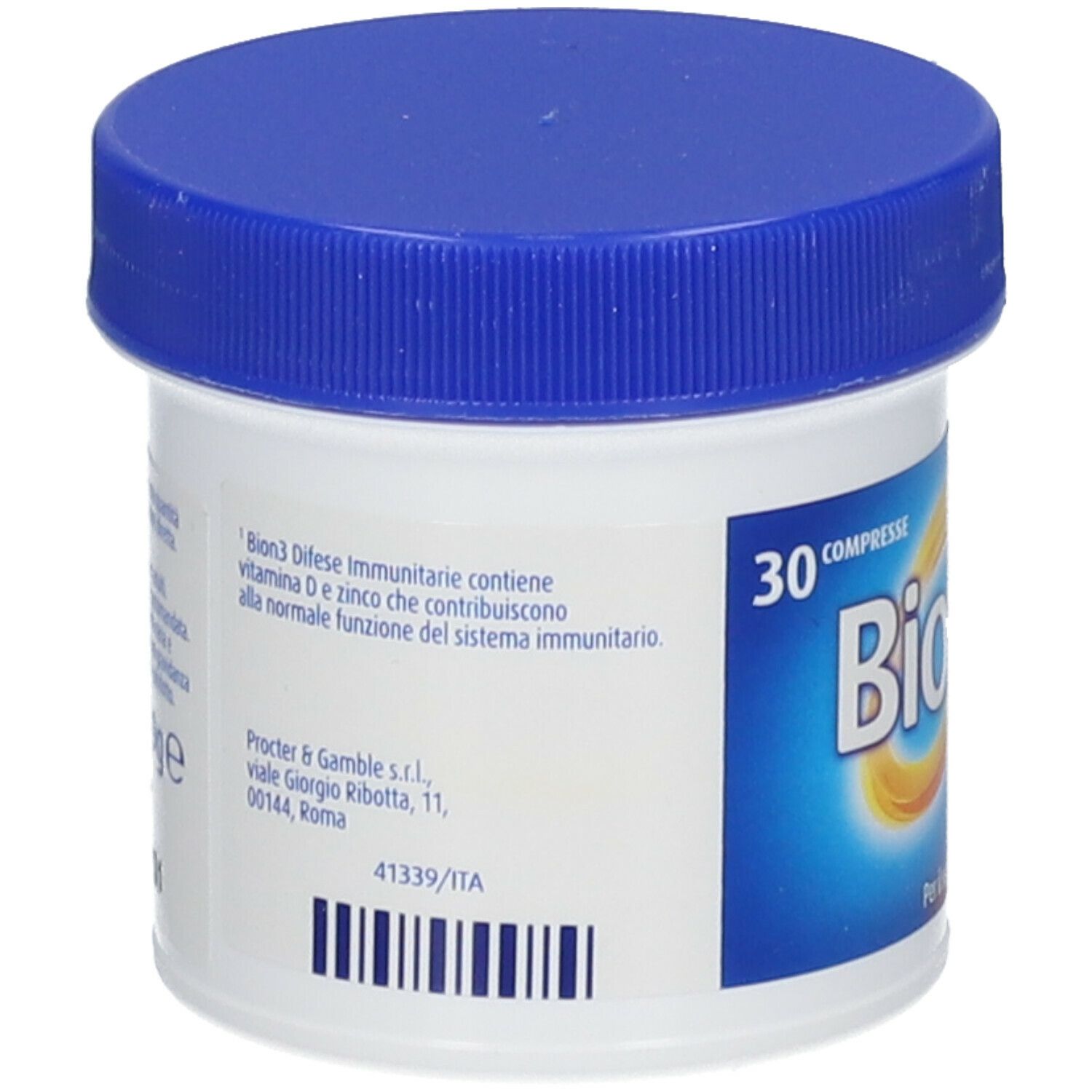 Contenitore bianco con coperchio blu. Testo sul retro: Bion3 Difese Immunitarie, ingredienti, produttore.