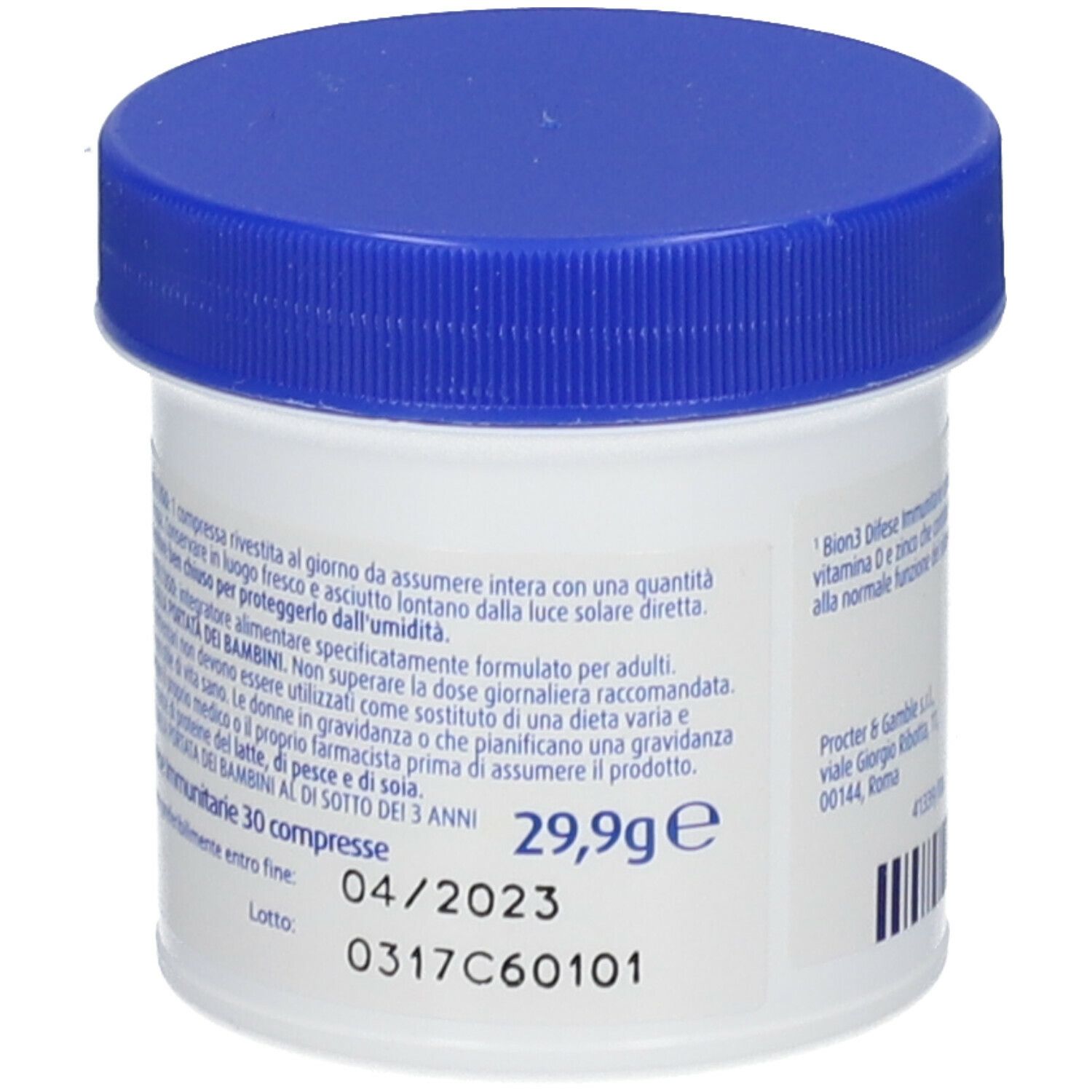 Contenitore bianco con coperchio blu. Testo sul retro: Scadenza, peso, numero di lotto.
