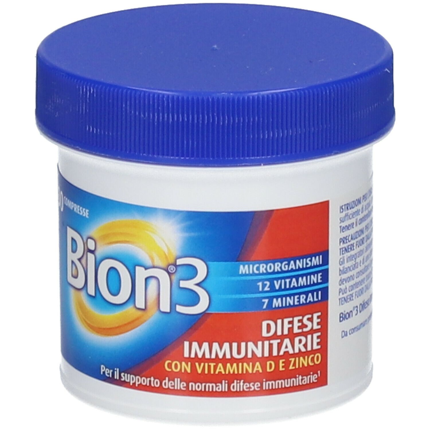 Contenitore bianco con coperchio blu. Testo: Bion3, Difese Immunitarie, 12 vitamine, 7 minerali.