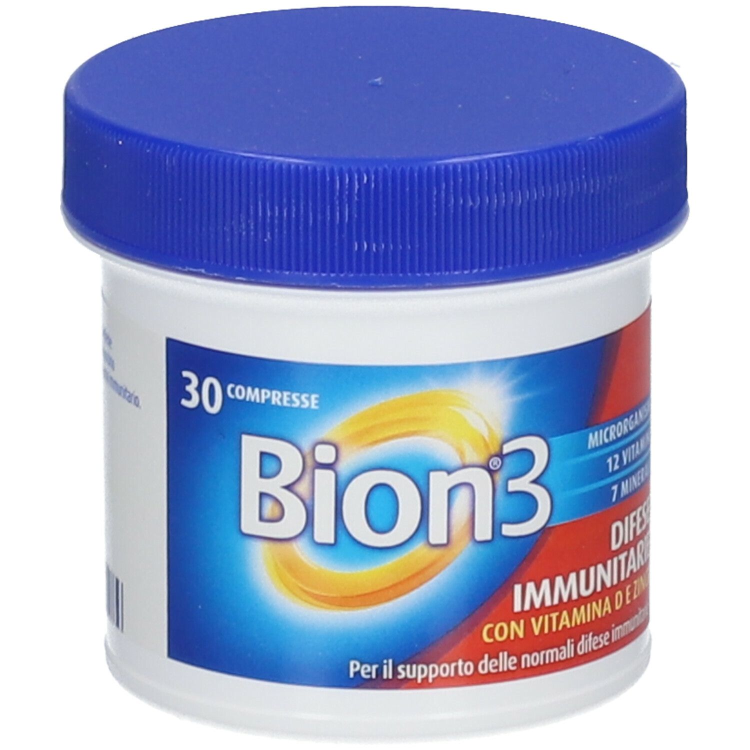 Contenitore bianco con coperchio blu. Testo: Bion3, 30 compresse, Difese Immunitarie.