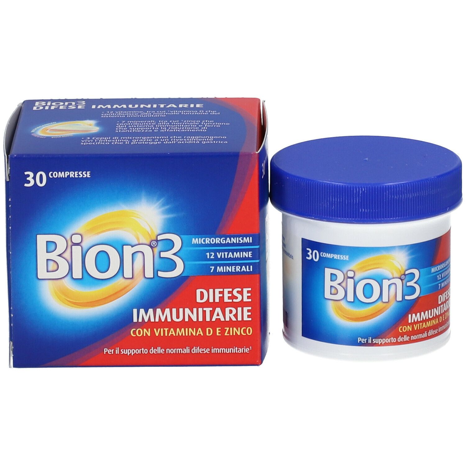 Contenitore e scatola. Testo: Bion3, 30 compresse, Difese Immunitarie, 12 vitamine, 7 minerali.